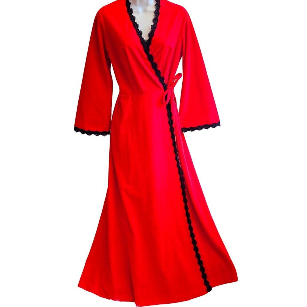 Vanity Fair Vintage Red Black Lace Trimmed Womens Wrap Robe House Dress 12